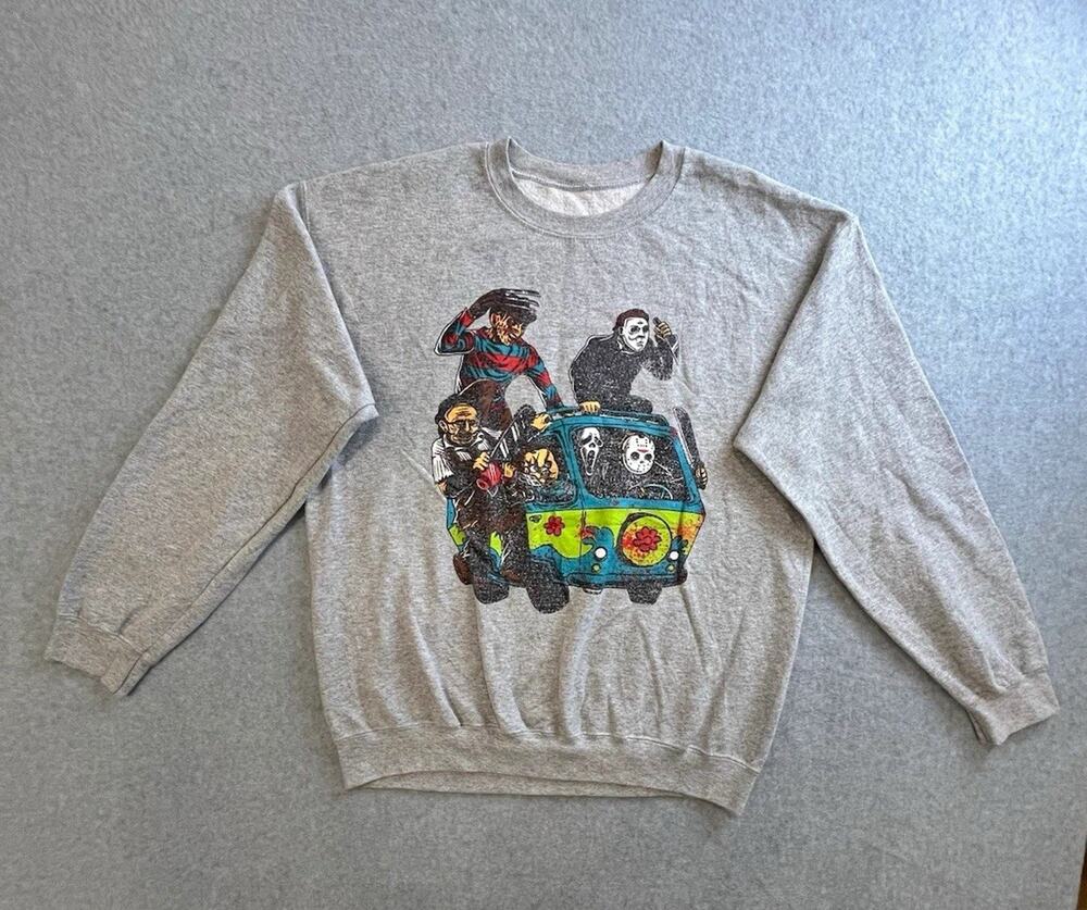 Mens Gray Graphic Print Crewneck Sweatshirt Long Sleeve Pullover Regular Sz L
